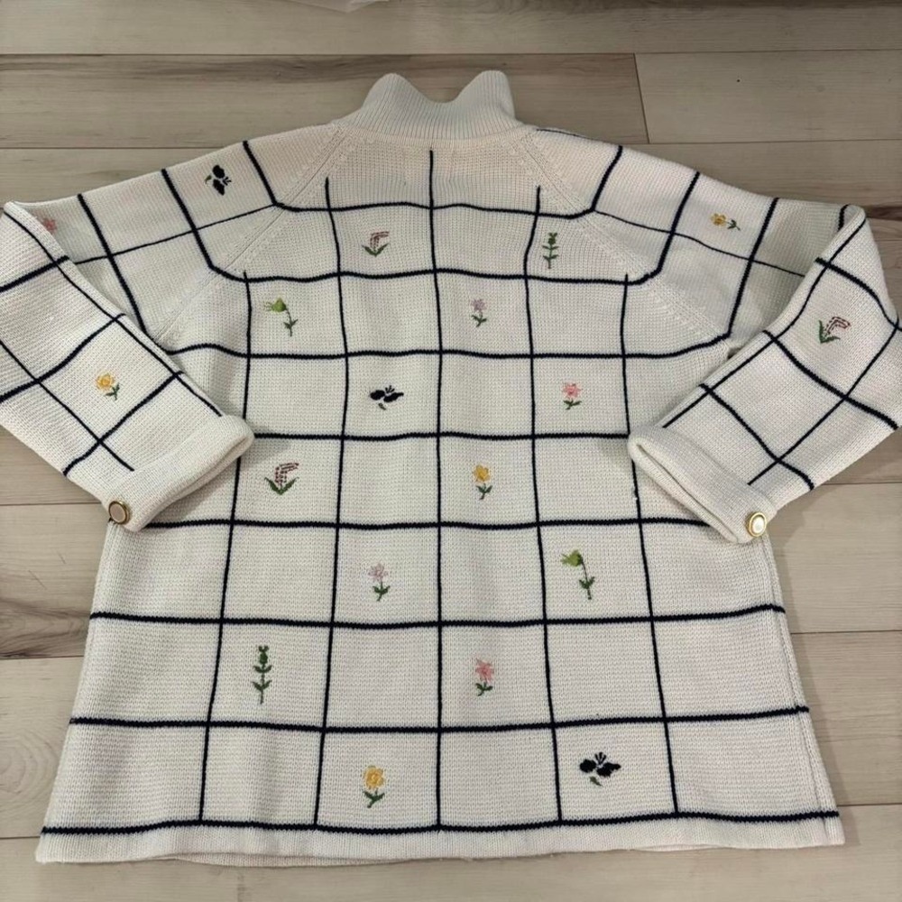 Vintage Floral Embroidered Grid Sweater White L Cottagecore Grandmacore Feminine - Picture 3 of 6